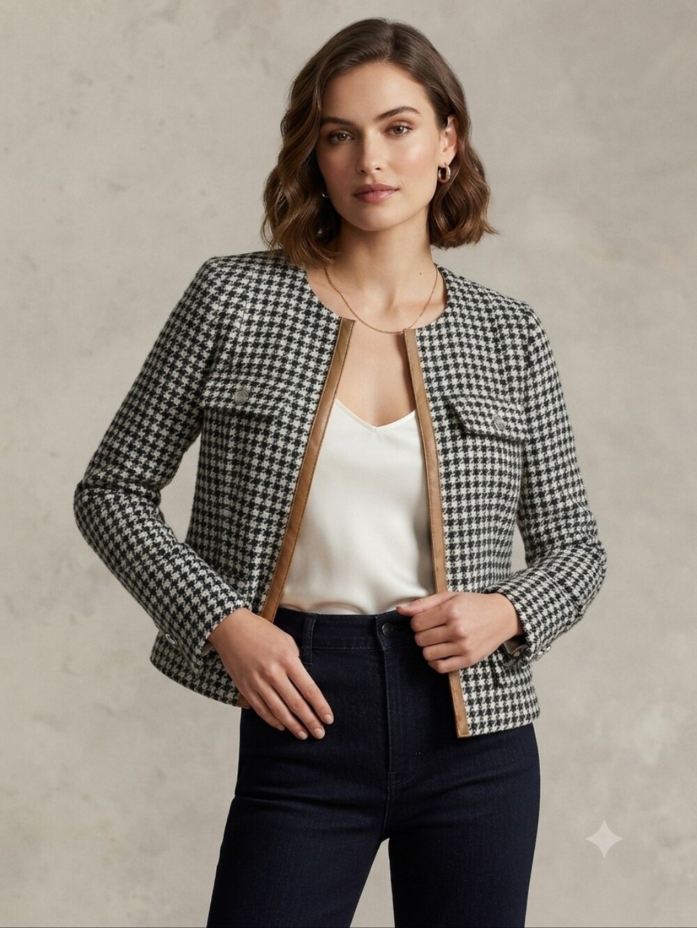 White House Black Market Houndstooth Tweed Stylist Jacket Size 18 Faux Leather